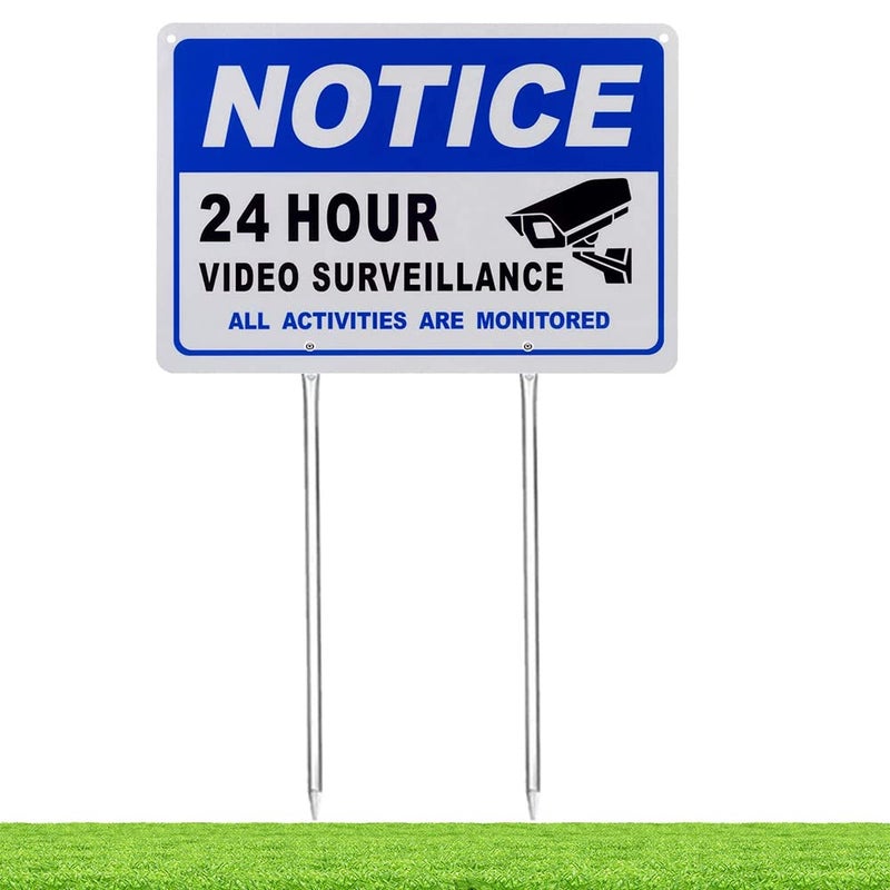 Kichwit 24 Hour Video Surveillance Sign with Metal Stakes, Aluminum Yard Sign, 11.8" x 7.9" - Image 1